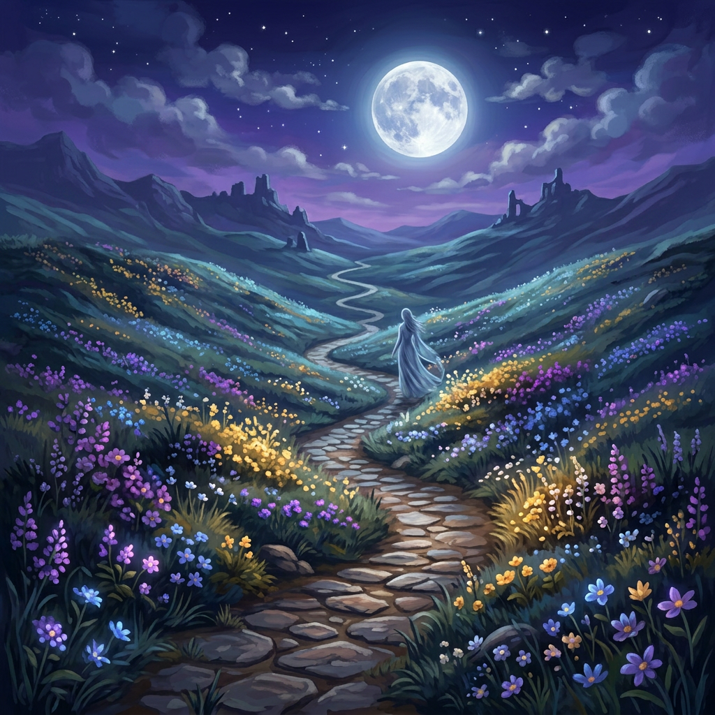 stone path winding through a field of colorful flowers and ancient standing stones under a full moonlit night sky